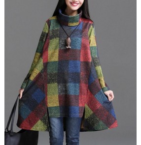 Navy blue plaid patchwork printed turtle neck long sleeves linen cotton material vintage loose style women's ladies female autumn spring winter new fashion dresses tops vestidos